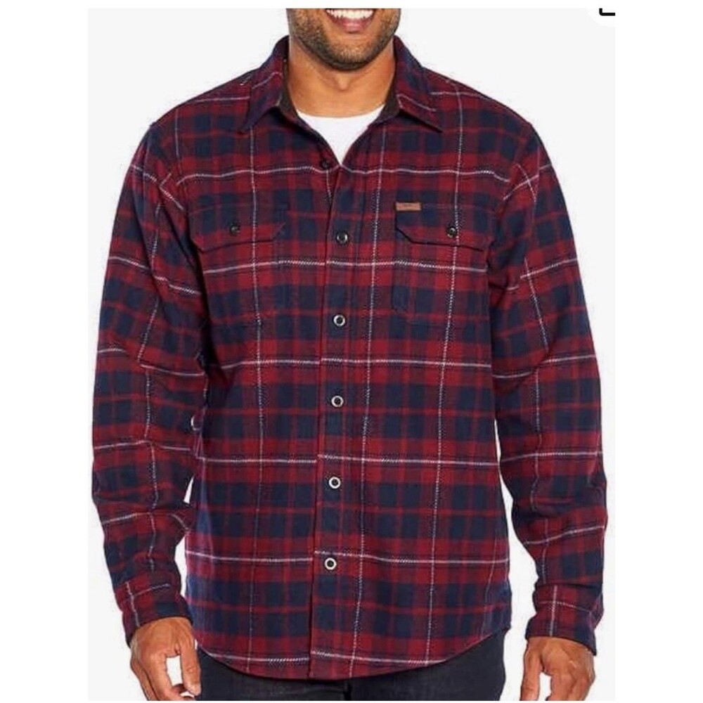 Orvis Men's double brushed flannel Shacket Red Navy Plaid Button-Down Shirt LG
